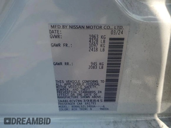 2024 Nissan Altima SR with VIN 1N4BL4CV7RN398845, listed as a Copart auction lot 62087945 with 20,410 mi miles and Salvage title. Bid and sale history available at DreamBid. Image 12.