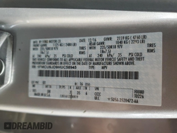 2017 Ford Escape Titanium with VIN 1FMCU9JD9HUC58945, listed as a Copart auction lot 52341485 with 31,074 mi miles and Salvage Title. Bid and sale history available at carsss.com. Image 13.