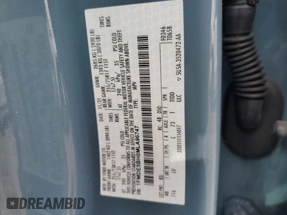 2021 Ford Bronco z VIN 1FMDE5BH0MLA96747, wystawiony jako Copart lot #57060985 z przebiegiem 37 048 mil mil oraz Szkoda całkowita • Salvage title. Historia ofert i sprzedaży dostępna na DreamBid. Obrazek 13.