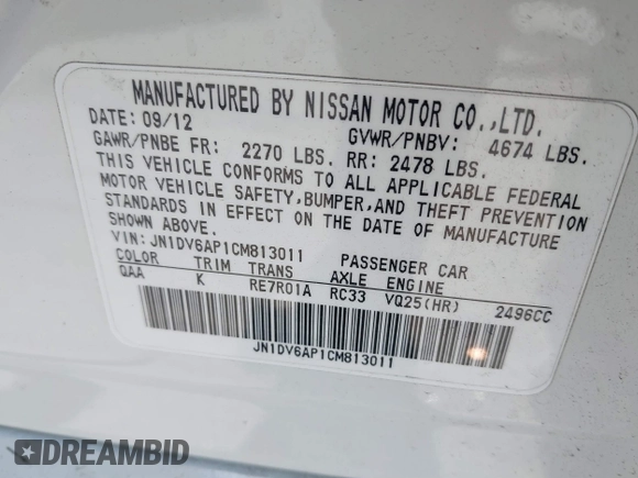 2012 Infiniti G25 Journey z VIN JN1DV6AP1CM813011, wystawiony jako IAAI lot #41610342 z przebiegiem 137 325 mil mil oraz . Historia ofert i sprzedaży dostępna na DreamBid. Obrazek 9.