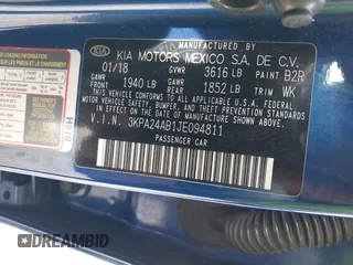 2018 Kia Rio LX with VIN 3KPA24AB1JE094811, listed as a IAAI auction lot 41825631 with 80,539 mi miles. Bid and sale history available at carsss.com. Image 9.
