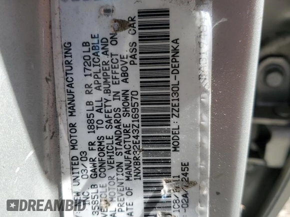 2003 Toyota Corolla CE with VIN 1NXBR32E43Z169570, listed as a Copart auction lot 52905785 with 175,487 mi miles and Salvage Title. Bid and sale history available at DreamBid. Image 14.