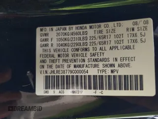 2009 Honda CR-V EX-L with VIN JHLRE38779C000054, listed as a IAAI auction lot 42028205 with 217,216 mi miles and . Bid and sale history available at carsss.com. Image 9.