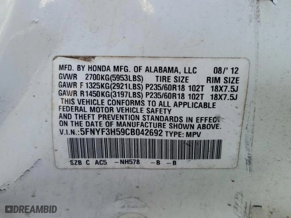 2012 Honda Pilot EX-L with VIN 5FNYF3H59CB042692, listed as a Copart auction lot 48790495 with 203,674 mi miles and Salvage Title. Bid and sale history available at carsss.com. Image 15.