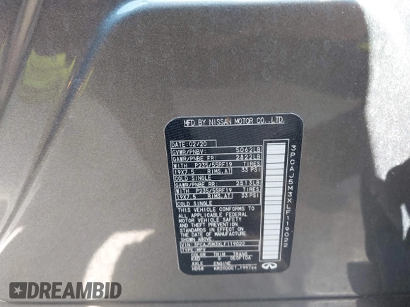 2020 Infiniti QX50 ESSENTIAL with VIN 3PCAJ5M3XLF119022, listed as a IAAI auction lot 41886633 with 55,650 mi miles. Bid and sale history available at carsss.com. Image 9.
