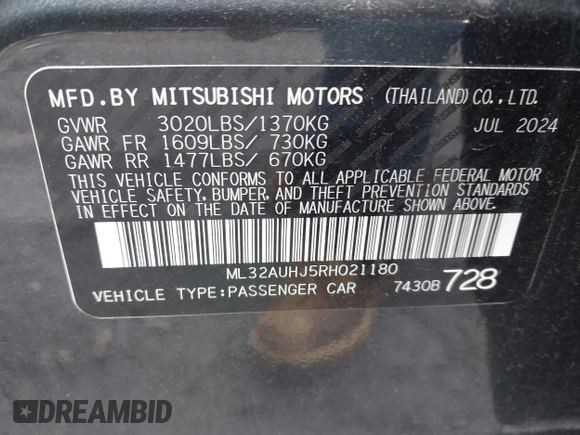 2024 Mitsubishi Mirage ES z VIN ML32AUHJ5RH021180, wystawiony jako IAAI lot #42332116 z przebiegiem 14 938 mil mil oraz . Historia ofert i sprzedaży dostępna na DreamBid. Obrazek 9.