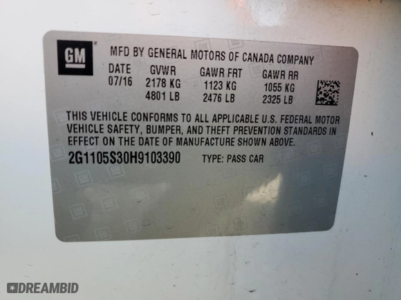 2017 Chevrolet Impala LT with VIN 2G1105S30H9103390, listed as a Copart auction lot 52029765 with 102,942 mi miles and Salvage Title. Bid and sale history available at carsss.com. Image 14.