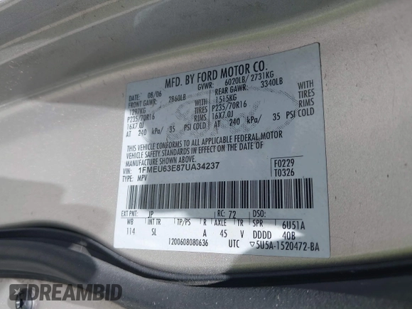 2007 Ford Explorer XLT с VIN 1FMEU63E87UA34237, выставлен на аукционе IAAI как лот 42232474 с пробегом 205 124 миль миль и . История ставок и продаж доступна на DreamBid. Изображение 9.