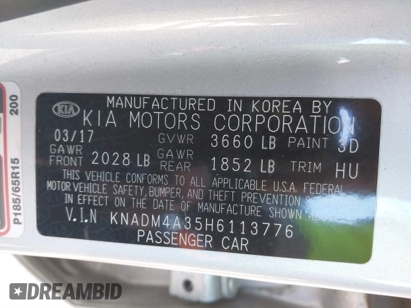 2017 Kia Rio LX with VIN KNADM4A35H6113776, listed as a IAAI auction lot 41035251 with 123,574 mi miles. Bid and sale history available at carsss.com. Image 9.
