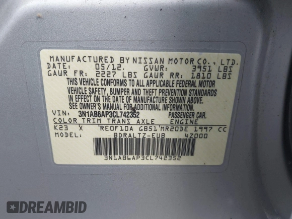 2012 Nissan Sentra SR with VIN 3N1AB6AP3CL742352, listed as a IAAI auction lot 41477160 with 118,044 mi miles and . Bid and sale history available at DreamBid. Image 9.