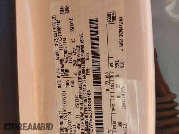 2018 Ford F-150 XL with VIN 1FTEW1EG3JKD38188, listed as a Copart auction lot 59938805 with 162,542 mi miles and Salvage title. Bid and sale history available at DreamBid. Image 12.