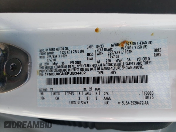 2023 Ford Escape Active with VIN 1FMCU0GN6PUB34402, listed as a Copart auction lot 50784215 with 41,532 mi miles and Salvage Title. Bid and sale history available at DreamBid. Image 13.