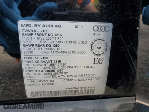 2019 Audi Q5 Prestige with VIN WA1FNAFY8K2134318, listed as a Copart auction lot 72041794 with 79,319 mi miles and Salvage Title. Bid and sale history available at carsss.com. Image 13.