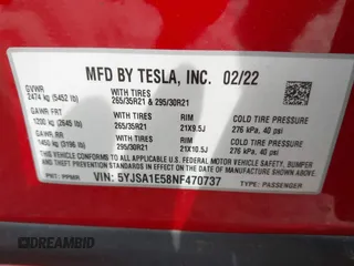 2022 Tesla Model S with VIN 5YJSA1E58NF470737, listed as a IAAI auction lot 42035040 with 15,224 mi miles and . Bid and sale history available at DreamBid. Image 9.