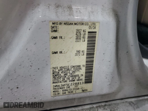 2016 Nissan Altima S with VIN 1N4AL3AP7GC228813, listed as a Copart auction lot 60472705 with 169,126 mi miles and Clean title. Bid and sale history available at DreamBid. Image 12.