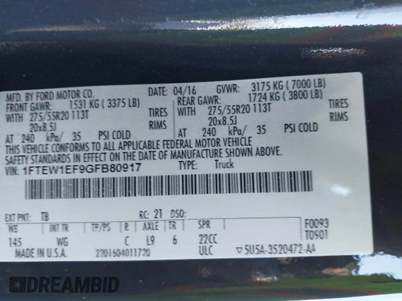 2016 Ford F-150 XLT with VIN 1FTEW1EF9GFB80917, listed as a IAAI auction lot 41640506 with 90,883 mi miles. Bid and sale history available at carsss.com. Image 9.