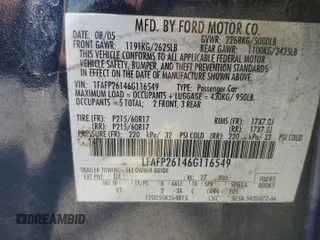 2006 Ford Five Hundred SE with VIN 1FAFP26146G116549, listed as a Copart auction lot 62401774 with 0 mi miles and Salvage Title. Bid and sale history available at carsss.com. Image 13.