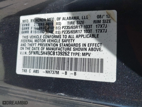 2012 Honda Odyssey EX with VIN 5FNRL5H49CB139262, listed as a IAAI auction lot 42024256 with 124,695 mi miles. Bid and sale history available at carsss.com. Image 9.