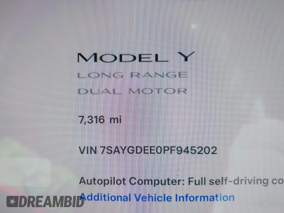 2023 Tesla Model Y Long Range with VIN 7SAYGDEE0PF945202, listed as a IAAI auction lot 41611762 with 7,316 mi miles and . Bid and sale history available at DreamBid. Image 15.