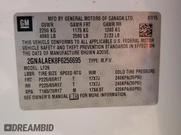 2015 Chevrolet Equinox LS with VIN 2GNALAEK8F6256695, listed as a Copart auction lot 56283935 with 115,486 mi miles and Salvage Title. Bid and sale history available at DreamBid. Image 13.