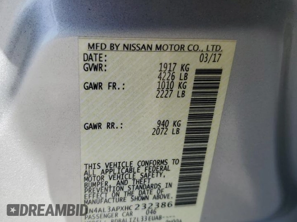 2017 Nissan Altima SL with VIN 1N4AL3APXHC232386, listed as a Copart auction lot 57254795 with 165,177 mi miles and Salvage title. Bid and sale history available at DreamBid. Image 12.