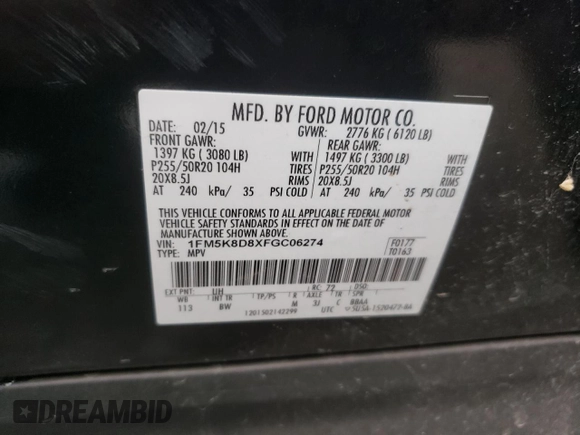 2015 Ford Explorer XLT with VIN 1FM5K8D8XFGC06274, listed as a Copart auction lot 51012145 with 149,314 mi miles and Clean Title. Bid and sale history available at carsss.com. Image 14.