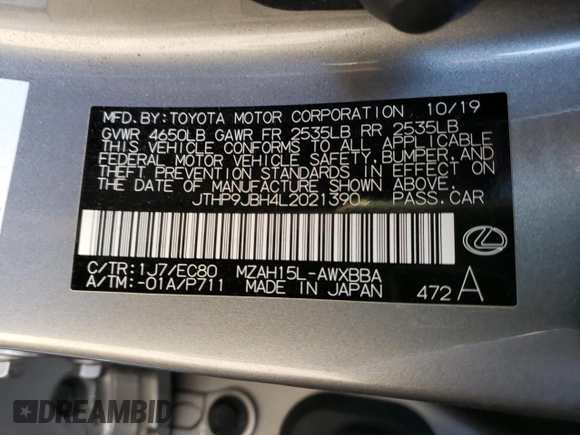 2020 Lexus UX with VIN JTHP9JBH4L2021390, listed as a Copart auction lot 40496333 with 20,694 mi miles. Bid and sale history available at carsss.com. Image 15.