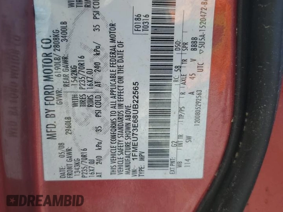 2008 Ford Explorer XLT with VIN 1FMEU73E68UB22565, listed as a Copart auction lot 55019425 with Not provided miles and Salvage title. Bid and sale history available at DreamBid. Image 14.