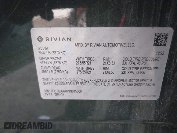 2022 Rivian R1T Adventure z VIN 7FCTGAAA8NN015369, wystawiony jako IAAI lot #41407842 z przebiegiem 22 507 mil mil oraz . Historia ofert i sprzedaży dostępna na DreamBid. Obrazek 9.