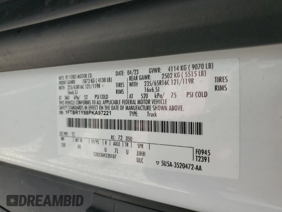2023 Ford Transit Cargo with VIN 1FTBR1Y88PKA97221, listed as a Copart auction lot 43410475 with 34,927 mi miles and Salvage Title. Bid and sale history available at DreamBid. Image 13.