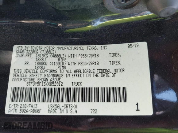 2019 Toyota Tundra SR with VIN 5TFUY5F13KX852912, listed as a IAAI auction lot 42327399 with 124,193 mi miles and . Bid and sale history available at DreamBid. Image 9.