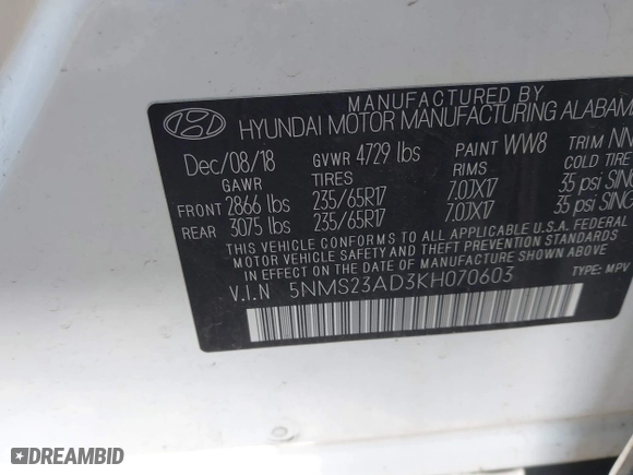 2019 Hyundai Santa Fe SE with VIN 5NMS23AD3KH070603, listed as a IAAI auction lot 41760416 with 62,676 mi miles. Bid and sale history available at carsss.com. Image 9.