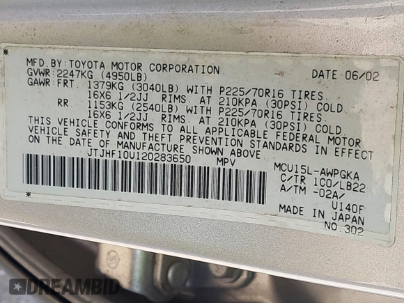 2002 Lexus RX 300 with VIN JTJHF10U120283650, listed as a IAAI auction lot 42231926 with 111,887 mi miles and . Bid and sale history available at DreamBid. Image 9.