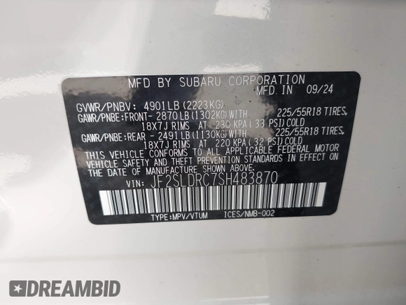 2025 Subaru Forester Limited с VIN JF2SLDRC7SH483870, выставлен на аукционе IAAI как лот 42164753 с пробегом 1 538 миль миль и . История ставок и продаж доступна на DreamBid. Изображение 9.