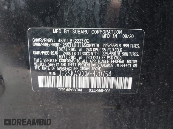 2021 Subaru Forester Limited with VIN JF2SKASC0MH420754, listed as a IAAI auction lot 42710166 with 41,062 mi miles and . Bid and sale history available at DreamBid. Image 9.