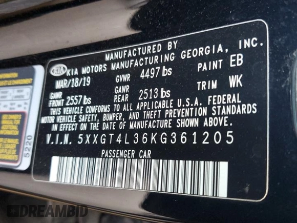 2019 Kia Optima LX with VIN 5XXGT4L36KG361205, listed as a Copart auction lot 62567075 with 47,166 mi miles and Salvage title. Bid and sale history available at DreamBid. Image 12.