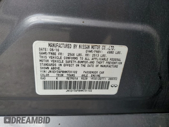 2017 Infiniti Q50 Signature Edition with VIN JN1EV7AP8HM731102, listed as a Copart auction lot 48994975 with 115,583 mi miles and Salvage Title. Bid and sale history available at DreamBid. Image 13.