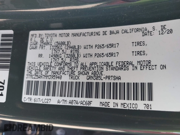 2021 Toyota Tacoma SR with VIN 3TMCZ5AN7MM395940, listed as a IAAI auction lot 41240832 with 39,338 mi miles and . Bid and sale history available at DreamBid. Image 9.