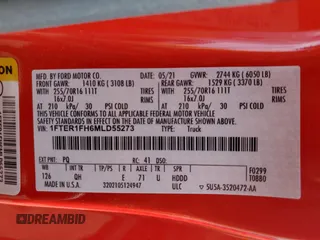 2021 Ford Ranger XL with VIN 1FTER1FH6MLD55273, listed as a Copart auction lot 54147975 with 44,139 mi miles and Salvage title. Bid and sale history available at DreamBid. Image 12.
