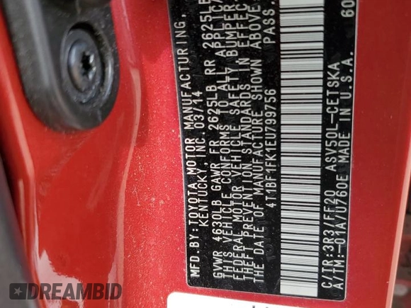 2014 Toyota Camry L with VIN 4T1BF1FK1EU799756, listed as a Copart auction lot 54096415 with 110,520 mi miles and Clean Title. Bid and sale history available at carsss.com. Image 12.
