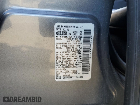 2014 Infiniti QX70 with VIN JN8CS1MW2EM413392, listed as a Copart auction lot 42974095 with 192,020 mi miles and Salvage Title. Bid and sale history available at carsss.com. Image 13.