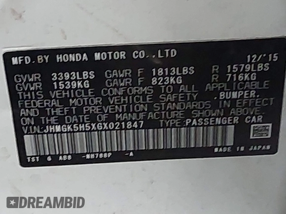 2016 Honda Fit LX with VIN JHMGK5H5XGX021847, listed as a IAAI auction lot 41651588 with 18,140 mi miles. Bid and sale history available at carsss.com. Image 9.
