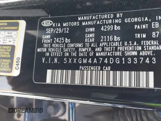 2013 Kia Optima LX with VIN 5XXGM4A74DG133743, listed as a IAAI auction lot 41232823 with 21,521 mi miles. Bid and sale history available at carsss.com. Image 9.
