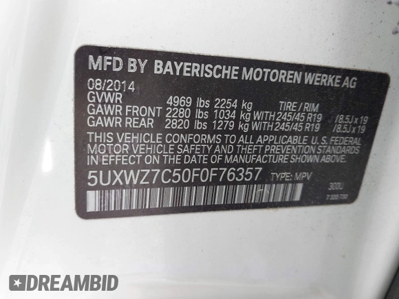 2015 BMW X3 sDrive28i with VIN 5UXWZ7C50F0F76357, listed as a IAAI auction lot 41864578 with 106,822 mi miles and . Bid and sale history available at DreamBid. Image 9.