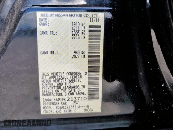 2015 Nissan Altima 2.5 z VIN 1N4AL3AP1FC213710, wystawiony jako Copart lot #62094395 z przebiegiem 161 331 mil mil oraz Szkoda całkowita • Salvage title. Historia ofert i sprzedaży dostępna na DreamBid. Obrazek 12.