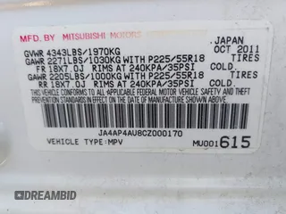 2012 Mitsubishi Outlander Sport SE with VIN JA4AP4AU8CZ000170, listed as a IAAI auction lot 41636634 with 182,664 mi miles. Bid and sale history available at carsss.com. Image 9.