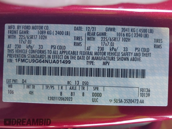 2022 Ford Escape SE с VIN 1FMCU9G64NUA01499, выставлен на аукционе IAAI как лот 41968465 с пробегом 15 754 миль миль и . История ставок и продаж доступна на DreamBid. Изображение 9.