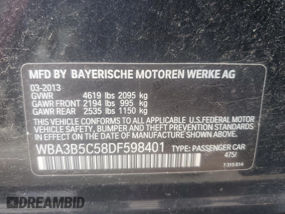 2013 BMW 3 Series 328i xDrive with VIN WBA3B5C58DF598401, listed as a Copart auction lot 54090625 with 173,508 mi miles and Clean Title. Bid and sale history available at carsss.com. Image 12.