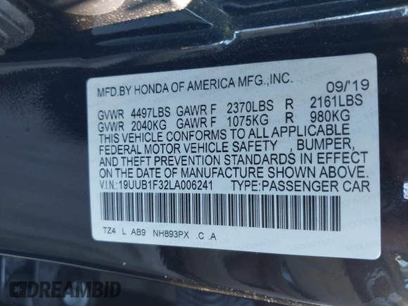 2020 Acura TLX with VIN 19UUB1F32LA006241, listed as a IAAI auction lot 41339765 with 61,174 mi miles. Bid and sale history available at carsss.com. Image 9.