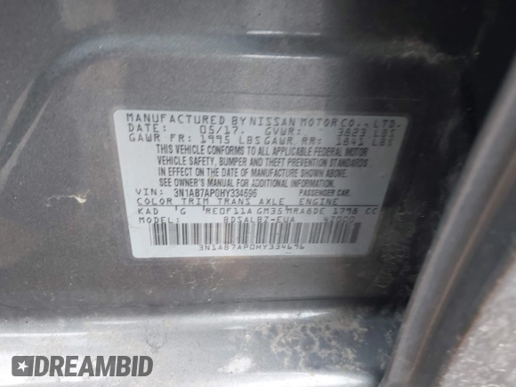 2017 Nissan Sentra S with VIN 3N1AB7AP0HY334696, listed as a IAAI auction lot 42001614 with 61,165 mi miles and . Bid and sale history available at DreamBid. Image 9.